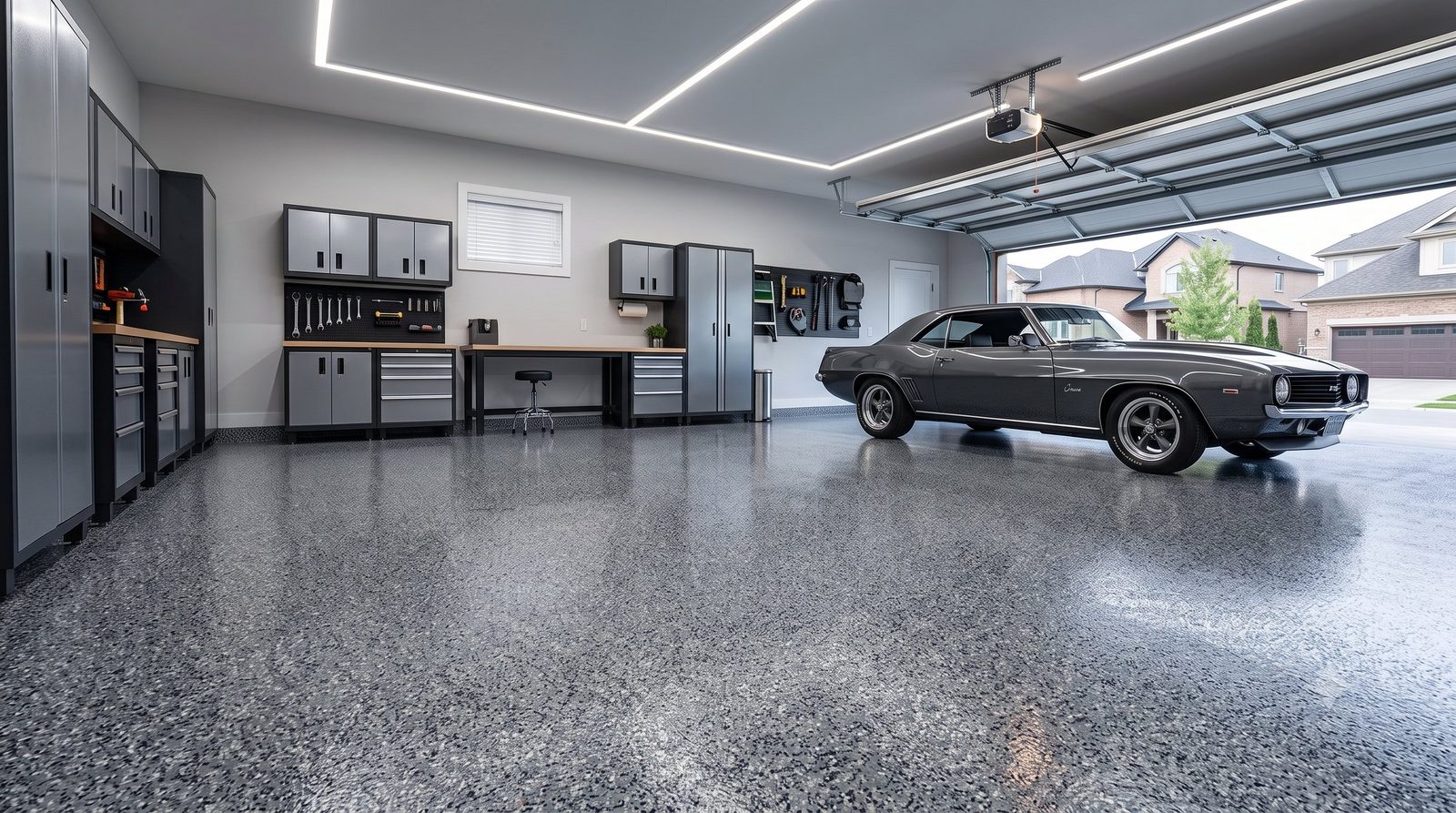 A garage with a decorative flake floor coating in a light grey and charcoal blend, under a clear gloss topcoat.