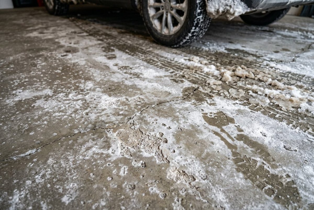Melting snow, dried road-salt residue and grit pooled on a bare concrete garage floor, with visible surface pitting and a crack.